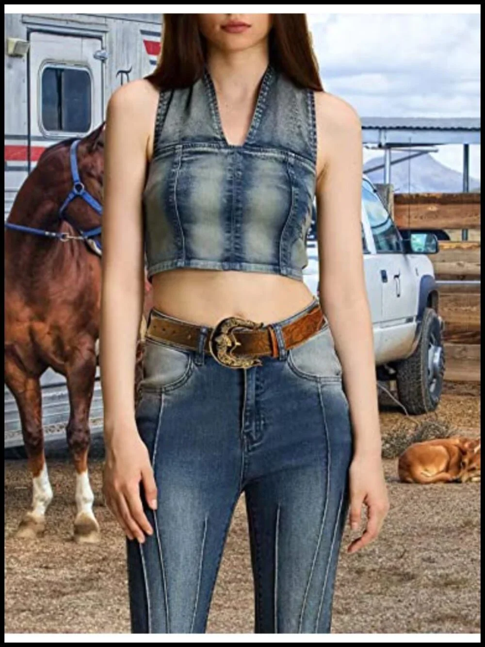 Western Cowboy Leather Belt with Horse Head Buckle and Concho